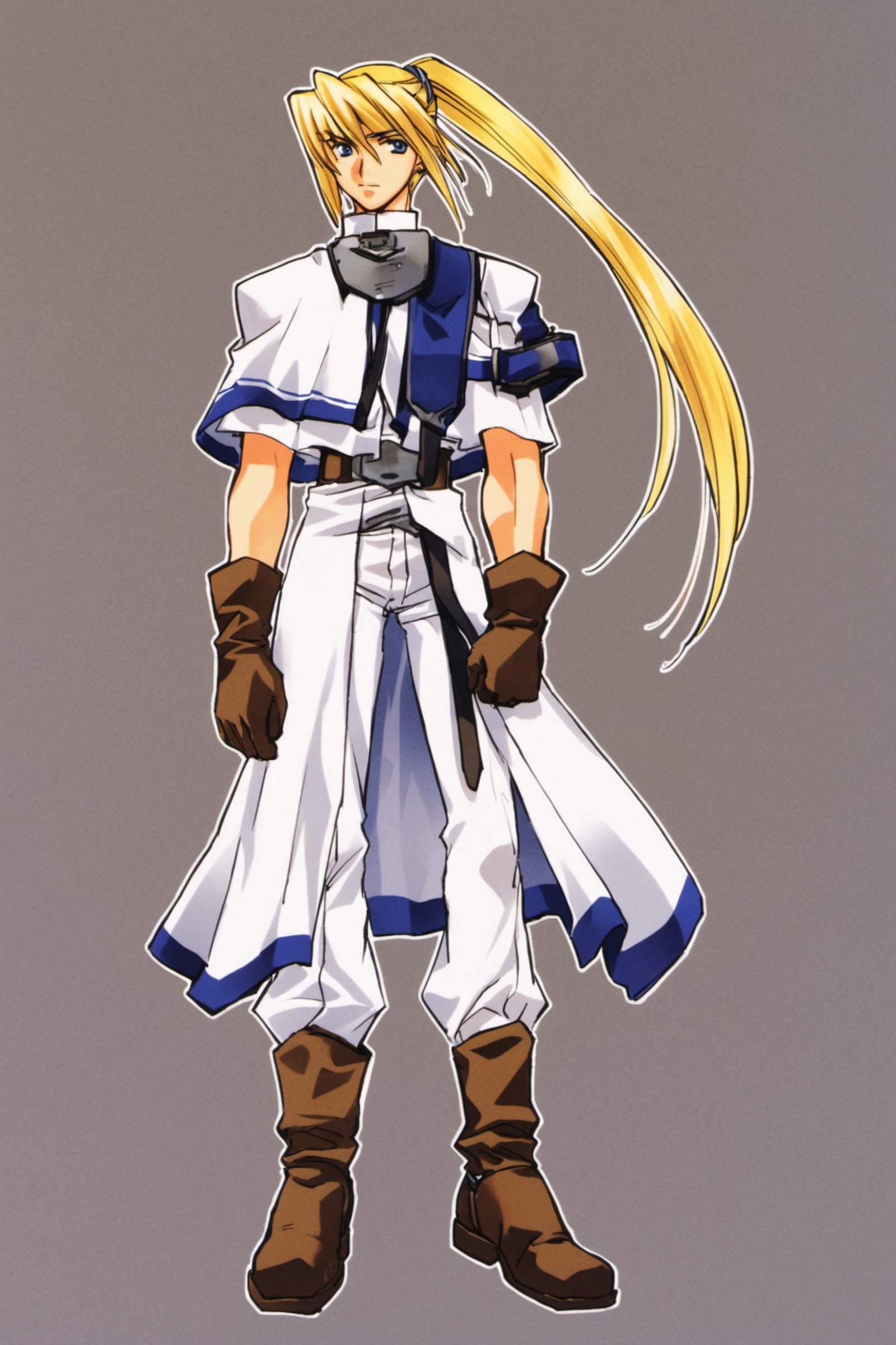 Rowen,solo,1boy,male focus,blonde hair,gloves,boots,long hair,blue eyes,ponytail,<lora:Azuma Mayumi_XL:0.8>,